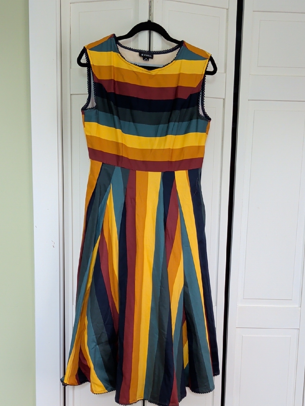 rainbow Striped Sleeveless Midi Dress in Mustard, Teal & Burgundy